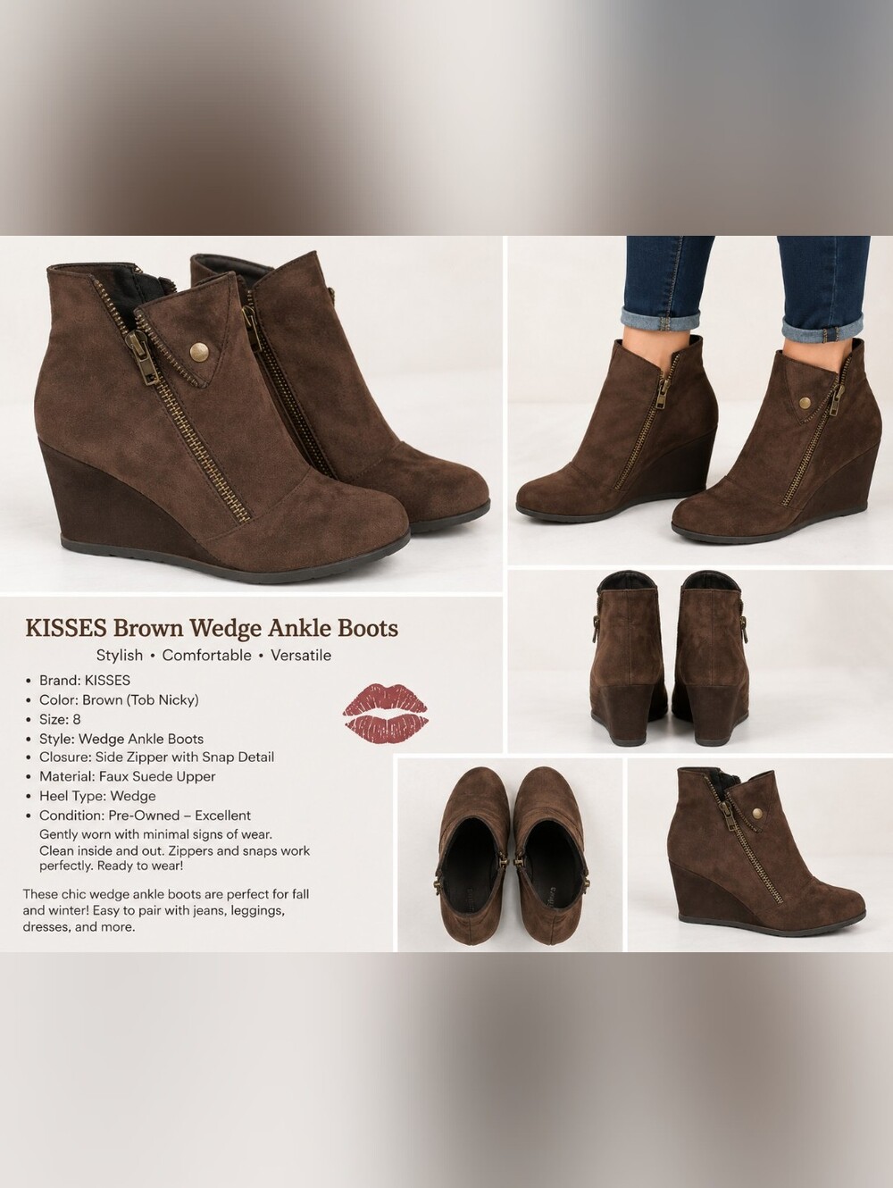 Kisses Women's Brown Faux Suede Wedge Ankle Booties Side Zip Size 8 - Picture 1 of 7